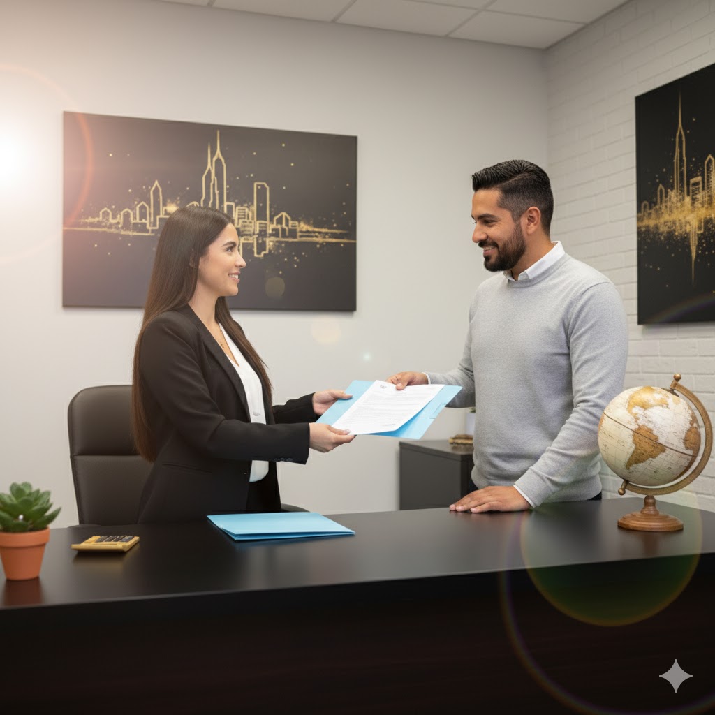 Tax preparer handing documents to a client / Preparador de impuestos entregando documentos a un cliente