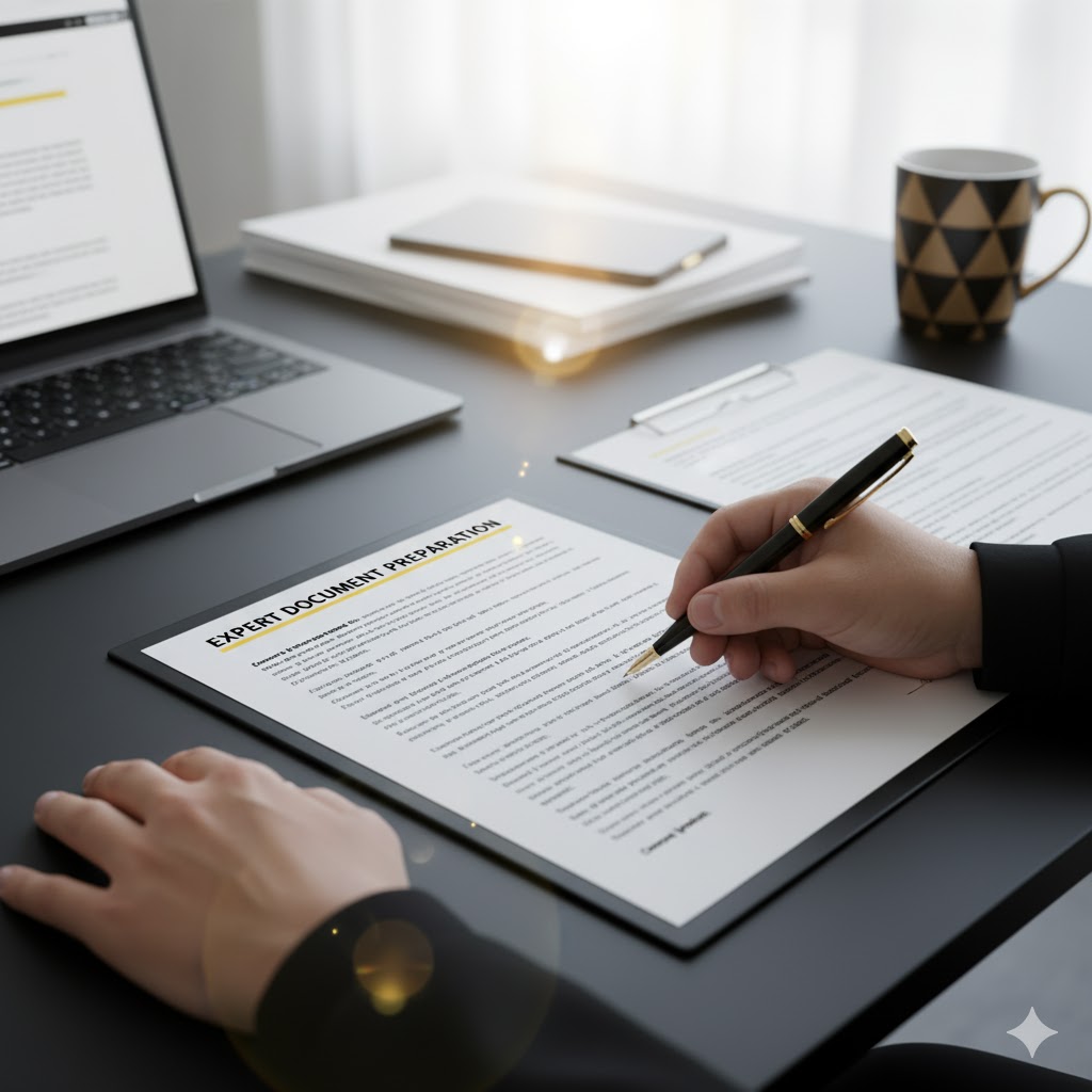 Expert document preparation at a desk / Preparación experta de documentos