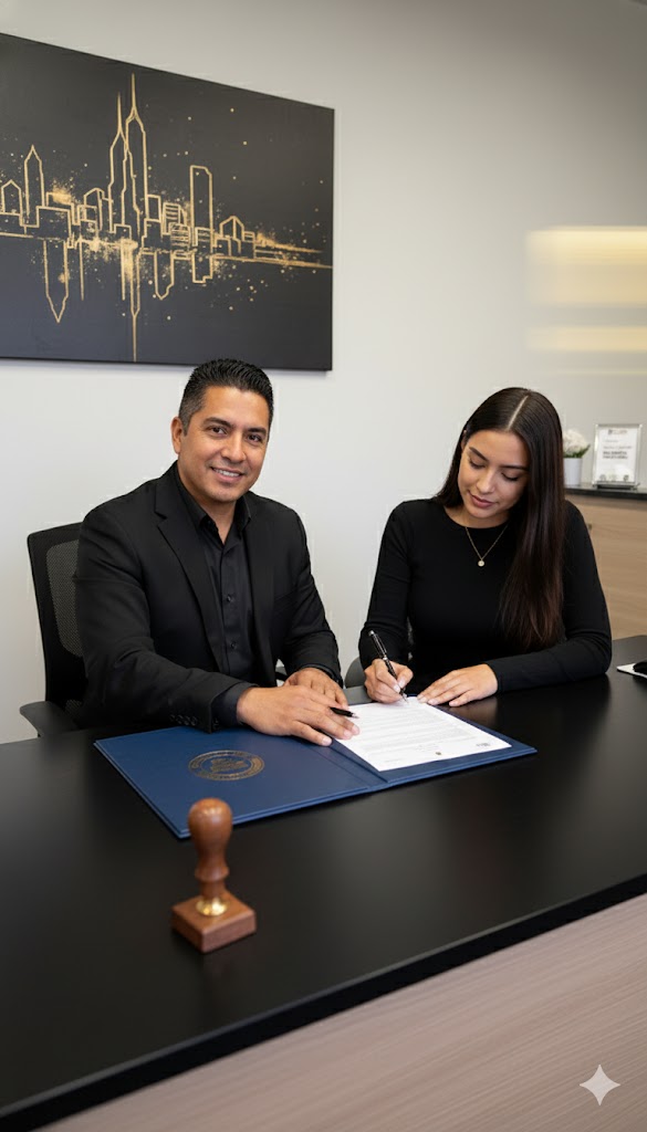 Notary signing official documents with a client / Firma de documentos oficiales
