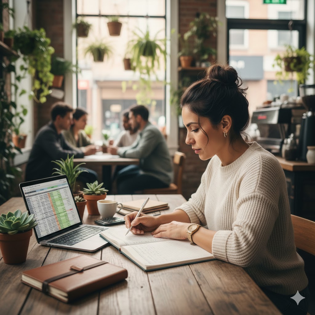 Small business owner reviewing bookkeeping / Dueña de negocio revisando su contabilidad